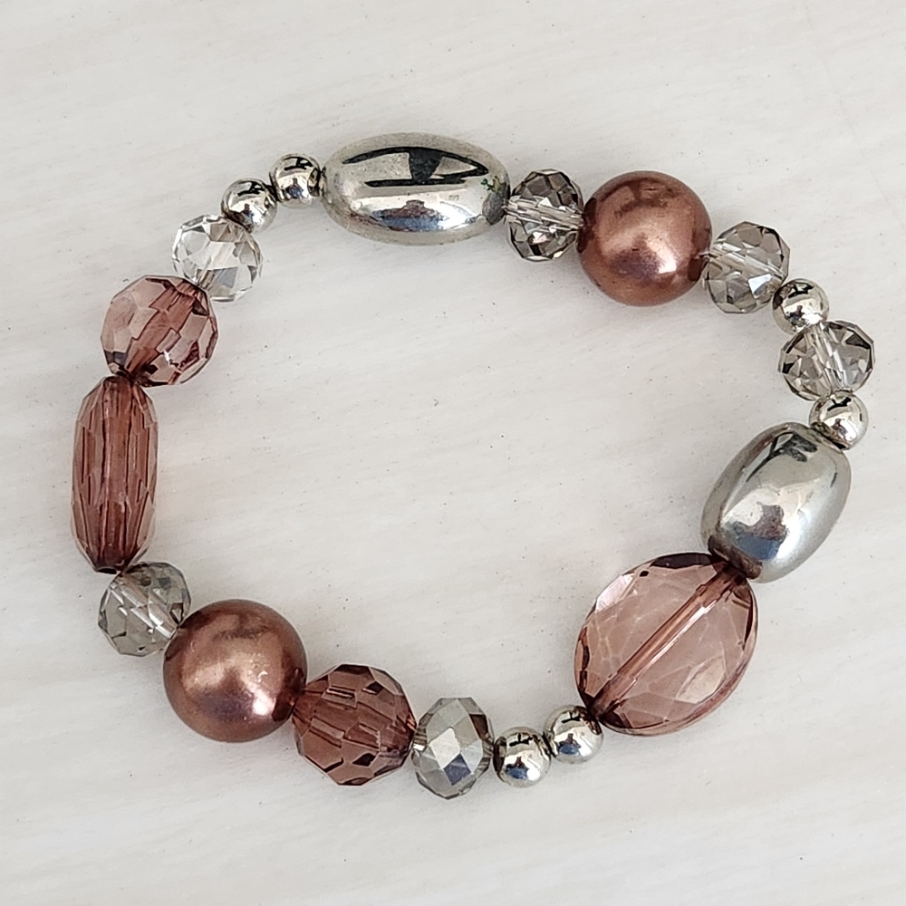 Coppery and Silvery Bead Stretch Bracelet